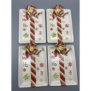 Set of 4 Christmas HO HO HO Candy Cane Ribbon Plates 7"X5" by Finelife used*READ